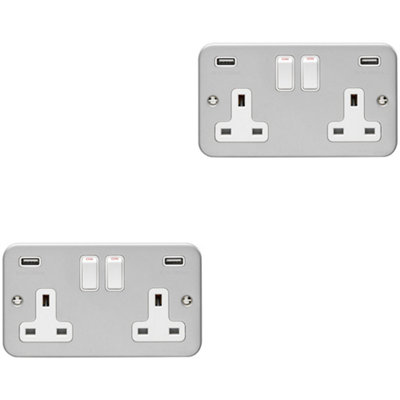 2 PACK 2 Gang 13A Switched UK Plug Socket & 2.1A USB-A HEAVY DUTY METAL CLAD