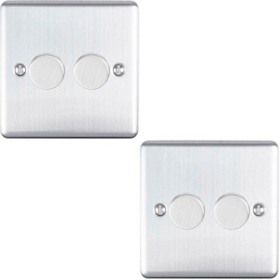 2 PACK 2 Gang 400W 2 Way Rotary Dimmer Switch SATIN STEEL Light Dimming Plate