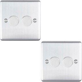 2 PACK 2 Gang 400W 2 Way Rotary Dimmer Switch SATIN STEEL Light Dimming Plate
