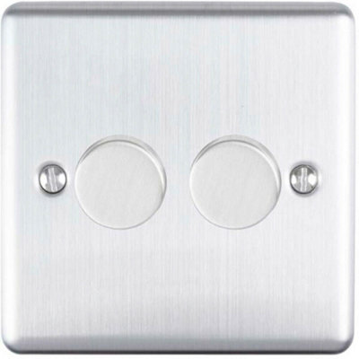 2 PACK 2 Gang 400W 2 Way Rotary Dimmer Switch SATIN STEEL Light Dimming Plate