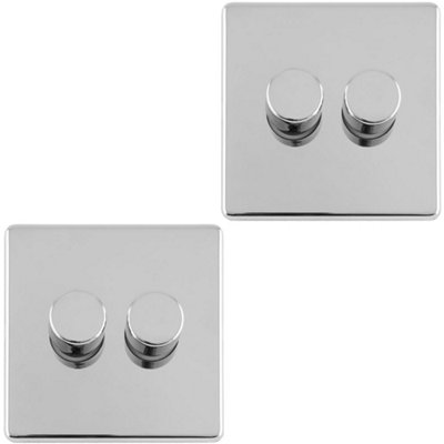 2 PACK 2 Gang Dimmer Switch 2 Way LED SCREWLESS POLISHED CHROME Light Dimming