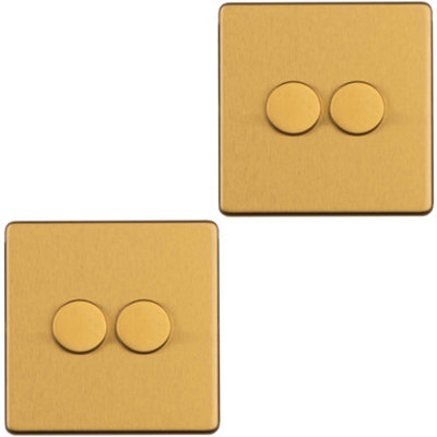 2 PACK 2 Gang Dimmer Switch 2 Way LED SCREWLESS SATIN BRASS Light ...