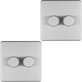 2 PACK 2 Gang Dimmer Switch 2 Way LED SCREWLESS SATIN STEEL Light Dimming Wall