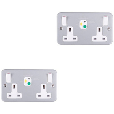 2 PACK 2 Gang Double 13A Swithed UK Plug Socket - 30mA Passive RCD - METAL CLAD