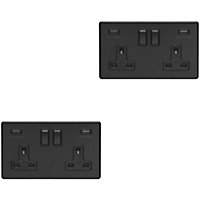 2 PACK 2 Gang Double 13A UK Plug Socket & 2.1A USB-A SCREWLESS MATT BLACK