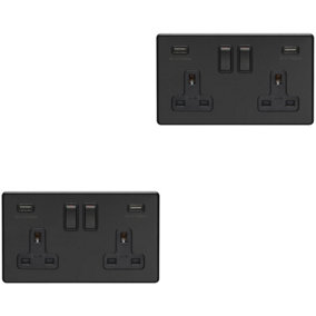 2 PACK 2 Gang Double 13A UK Plug Socket & 2.1A USB-A SCREWLESS MATT BLACK