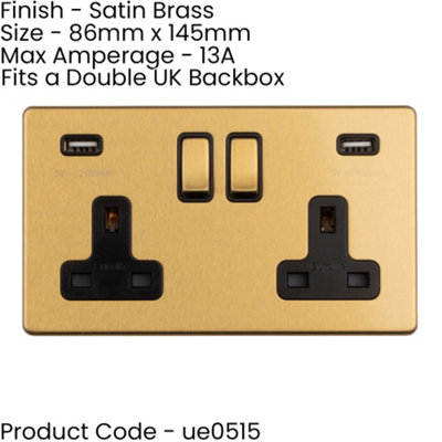 2 PACK 2 Gang Double 13A UK Plug Socket & 2.1A USB-A SCREWLESS SATIN BRASS