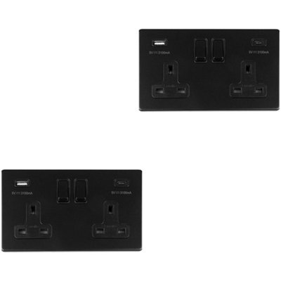2 PACK 2 Gang Double 13A UK Plug Socket & 2x 3.1A USB-C & A SCREWLESS MATT BLACK
