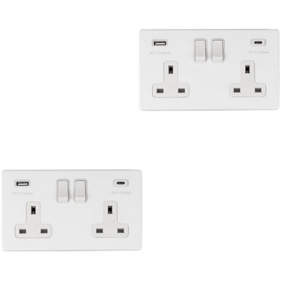 2 PACK 2 Gang Double 13A UK Plug Socket & 2x 3.1A USB-C & A SCREWLESS MATT WHITE