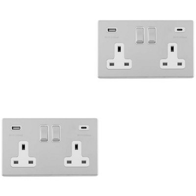 2 PACK 2 Gang Double 13A UK Plug Socket & 2x 3.1A USB-C SCREWLESS CHROME Charger