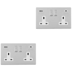 2 PACK 2 Gang Double 13A UK Plug Socket & 2x 3.1A USB-C SCREWLESS CHROME Charger