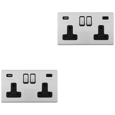 2 PACK 2 Gang Double 13A UK Plug Socket & 2x 3.1A USB-C SCREWLESS SATIN STEEL