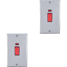 2 PACK 2 Gang Double 45A DP Switch Neon - POLISHED CHROME & BLACK Vertical Plate