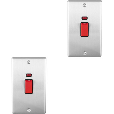 2 PACK 2 Gang Double 45A DP Switch Neon - SATIN STEEL & BLACK Vertical Rocker