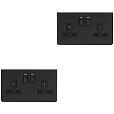 2 PACK 2 Gang Double DP 13A Switched UK Plug Socket SCREWLESS MATT BLACK Wall Power