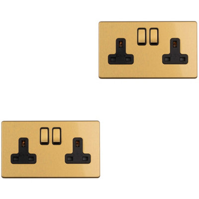 2 PACK 2 Gang Double DP 13A Switched UK Plug Socket SCREWLESS SATIN BRASS Power
