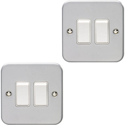 2 PACK 2 Gang Double Light Switch 2 Way 10A HEAVY DUTY METAL CLAD - White Rocker