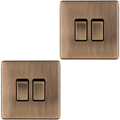 2 PACK 2 Gang Double Light Switch SCREWLESS ANTIQUE BRASS 2 Way 10A Slim Rocker