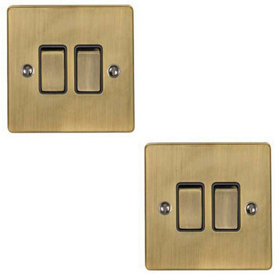 2 PACK 2 Gang Double Metal Light Switch ANTIQUE BRASS 2 Way 10A Black Trim