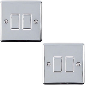 2 PACK 2 Gang Double Metal Light Switch POLISHED CHROME 2 Way 10A White Trim