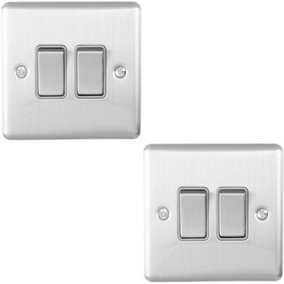 2 PACK 2 Gang Double Metal Light Switch SATIN STEEL 2 Way 10A Grey Trim