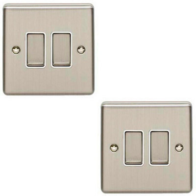 2 PACK 2 Gang Double Metal Light Switch SATIN STEEL 2 Way 10A White Trim