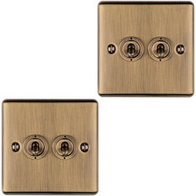 2 PACK 2 Gang Double Retro Toggle Light Switch ANTIQUE BRASS 10A 2 Way Plate