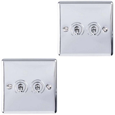 2 PACK 2 Gang Double Retro Toggle Light Switch POLISHED CHROME 10A 2 Way Plate