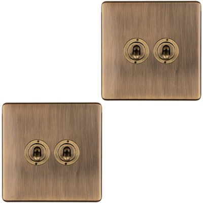 2 PACK 2 Gang Double Retro Toggle Light Switch SCREWLESS ANTIQUE BRASS 10A 2 Way