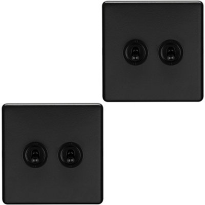 2 PACK 2 Gang Double Retro Toggle Light Switch SCREWLESS MATT BLACK 10A 2 Way