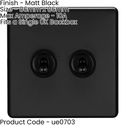 2 PACK 2 Gang Double Retro Toggle Light Switch SCREWLESS MATT BLACK 10A 2 Way