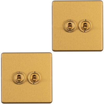 2 PACK 2 Gang Double Retro Toggle Light Switch SCREWLESS SATIN BRASS 10A 2 Way