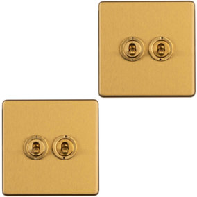 2 PACK 2 Gang Double Retro Toggle Light Switch SCREWLESS SATIN BRASS 10A 2 Way