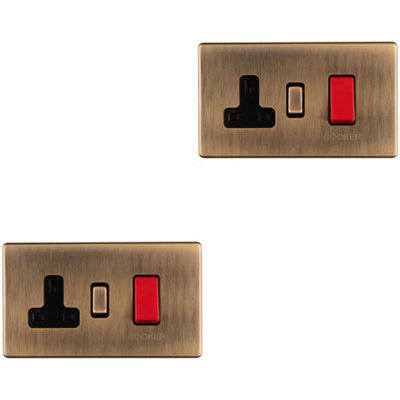 2 PACK 2 Gang Double SCREWLESS 45A Cooker Switch & 13A UK Socket ANTIQUE BRASS