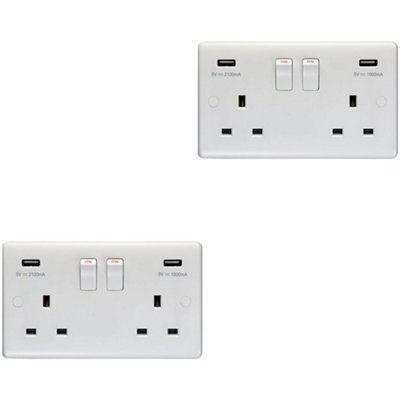 2 PACK 2 Gang Double UK Plug Socket & 2.1A USB-A Charger WHITE 13A Switched