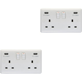 2 PACK 2 Gang Double UK Plug Socket & 2.1A USB-A Charger WHITE 13A Switched