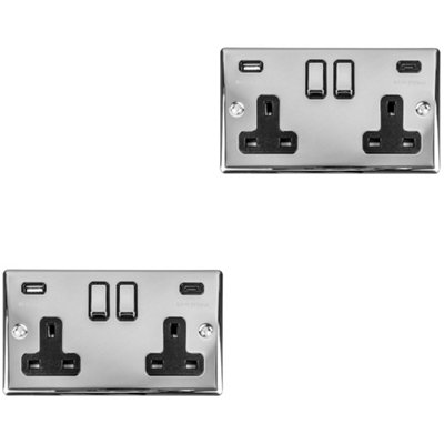 2 PACK 2 Gang Double UK Plug Socket & Dual 3.1A USB-C & A CHROME 13A Switched