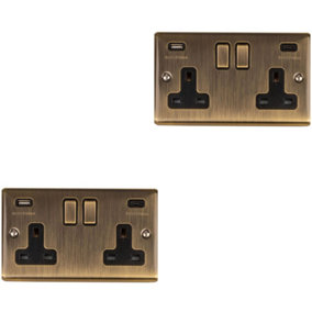 2 PACK 2 Gang Double UK Plug Socket & Dual 3.1A USB-C ANTIQUE BRASS 13A Switched