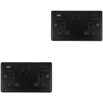 2 PACK 2 Gang Double UK Plug Socket & Dual 3.1A USB-C MATT BLACK 13A Switched