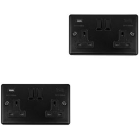 2 PACK 2 Gang Double UK Plug Socket & Dual 3.1A USB-C MATT BLACK 13A Switched