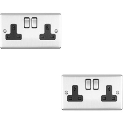 2 PACK 2 Gang Double UK Plug Socket SATIN STEEL & Black 13A Switched Outlet