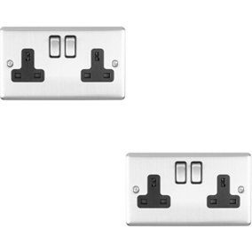 2 PACK 2 Gang Double UK Plug Socket SATIN STEEL & Black 13A Switched Outlet
