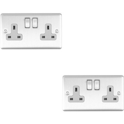 2 PACK 2 Gang Double UK Plug Socket SATIN STEEL & Grey 13A Switched Outlet