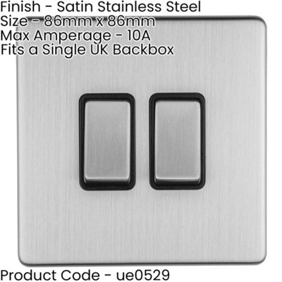 2 PACK 2 Gang Single Light Switch SCREWLESS SATIN STEEL 2 Way 10A Slim ...