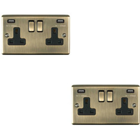 2 PACK 2 Gang Single UK Plug Socket & 2.1A USB ANTIQUE BRASS Black 13A Switched