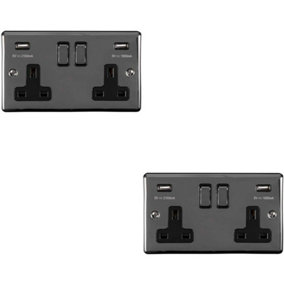 2 PACK 2 Gang Single UK Plug Socket & 2.1A USB BLACK NICKEL & Black 13A Switched