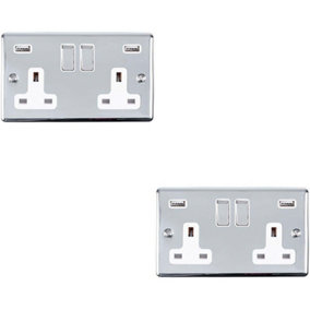 2 PACK 2 Gang Single UK Plug Socket & 2.1A USB CHROME & White 13A Switched