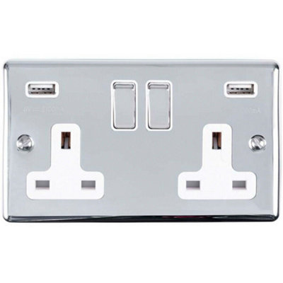 2 PACK 2 Gang Single UK Plug Socket & 2.1A USB CHROME & White 13A Switched