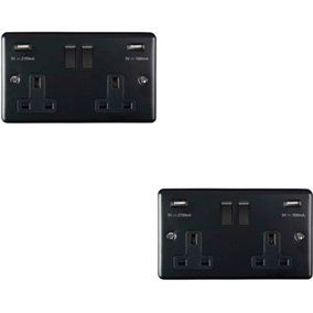 2 PACK 2 Gang Single UK Plug Socket & 2.1A USB MATT BLACK & Black 13A Switched