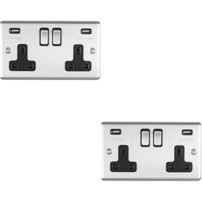 2 PACK 2 Gang Single UK Plug Socket & 2.1A USB SATIN STEEL & Black 13A ...